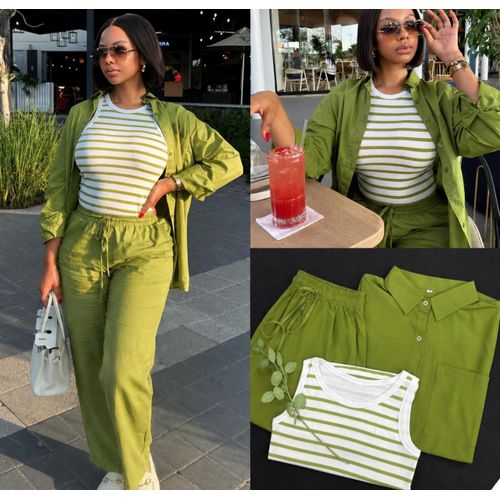 Women's Casual 3-Piece Set – Striped Sleeveless Top, Long Sleeve Shirt & Drawstring Pants - Green