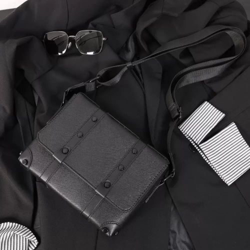 Black Leather Crossbody Bag – Structured Rectangular Design with Adjustable Strap, Durable Textured Finish, Rivet Detailing, Flap Closure, Everyday Travel Shoulder Bag for Men and Women