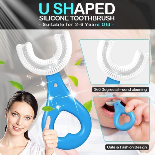 U-Shaped Hand Brush For Kids Age 2-6, Baby Infant Manual Toothbrush, Food Grade Ultra Soft Silicone Brush Head, Whole Mouth U-Shaped Brush Blue, Manual Training Tooth Brush, Soft Silicone Brush Head, 360° Oral Teeth Cleaning Design