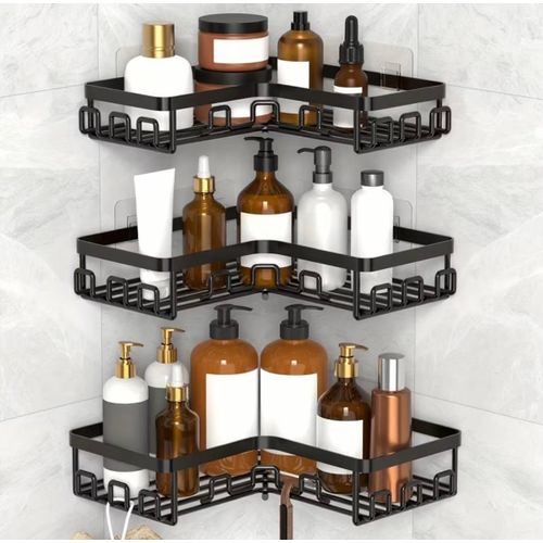 3pcs Heavy-Duty Stainless Steel Bathroom Organizer Set with Strong Adhesive Mounting - No Drill Installation, Space-Saving Corner Shelf with 3-Tier Storage, For Bathroom, Kitchen, Shower - Modern Bathroom Storage Rack, Bathroom Shelves
