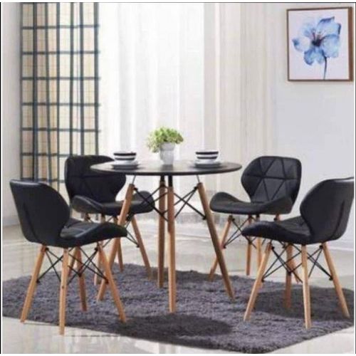 Round Beechwood Dining Table + 4 Sitting Leather Chairs - ...