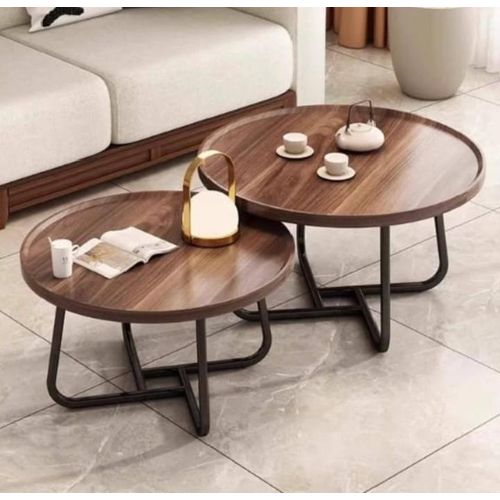 Modern Walnut Nesting Coffee Table Set - 2-Piece Round Center Table with Black X-Base