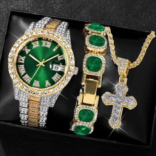 3-in-1 Men's Gold Watch Luxury Gift Jewelry Set - Green Dial Watch + Green Stone Bracelet + Green Necklace