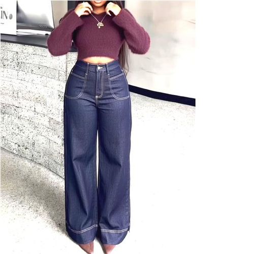 Women's High Waist Bell Bottom Jeans Single Button Stretch Indigo Blue Denim Pants