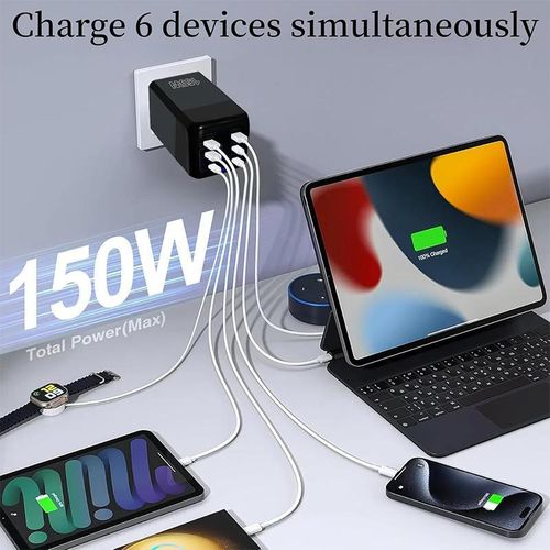 150W 6-Port Fast Charger (2PD Type C port+4QC USB A port), UK wall charger charging plug