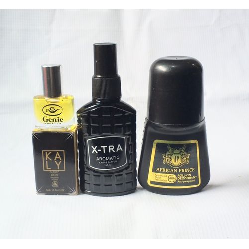 Special Perfume of 3 in 1 of Kaly Black Oil Perfume 5ml, X-tra Aromatic Body Spray 50ml and African Prince Roll On (Unisex Use), NAFDAC Number: Kaly Perf: A2-103593, Spray: A2-102698, Roll On: A2-106925