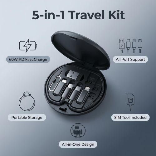 5 in 1 Charging Cable Kit – 60W PD Fast Charging, Multi Cable Travel Case for All Phones
