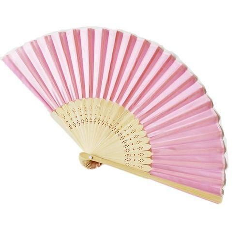 Wholesale wedding fan bamboo bone solid color imitation silk wedding cloth fan with gauze bag can engrave side bone logo pink