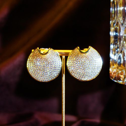 Stunning Large Round Gold Earrings Stud Shiny Zircon Jewelry for Women