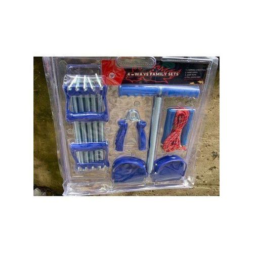 4-Way Training Set - Tummy Trimmer - Chest Expander - Jump Rope - Hand Grips - Blue