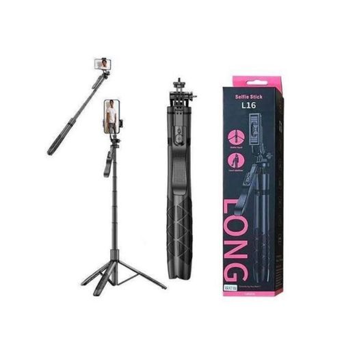L16 Long Bluetooth Selfie Stick Tripod - Extra-Long Extendable Phone Stand with Detachable Wireless Remote Shutter & 360° Rotation for Smartphone Content Creation, Vlogging, Live Streaming & Travel - Black