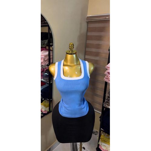 Women's Ribbed Contrast Trim Square Neck Tank Top - Blue And White - Bodycon Vest