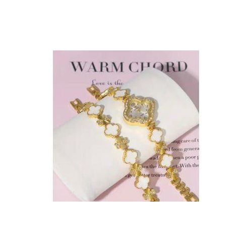 2pc golden wrist watch for women, clover design