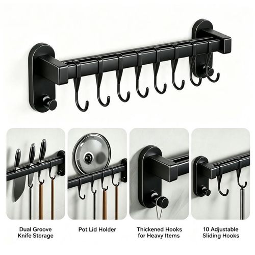 No Drill Kitchen Utensil Rack, Rustproof Carbon Steel Wall Mount Hanger with Movable Hooks for Pot Lid Knife Spoon Storage