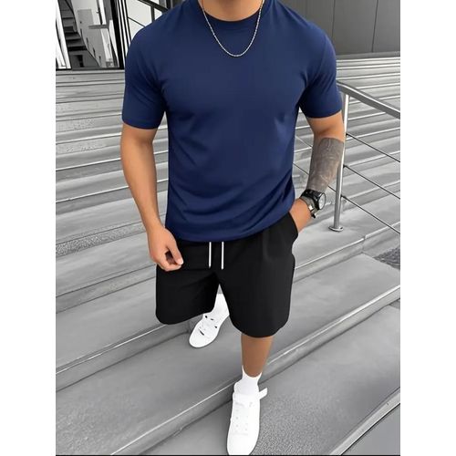 Mens Matching T-Shirt and Shorts Set 2 Piece Summer Short Sleeve Sweatsuits Co Ord Crewneck Shirts Jogging Shorts with Drawstring Athletic Top Bottoms Workout Sets Lapel Activewear Tracksuit