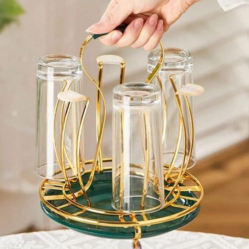 6 Cup Glass Drying Rack and Holder with Gold Metal Frame Green Tray and Anti Slip Handle for Kitchen Counter and Dining Table