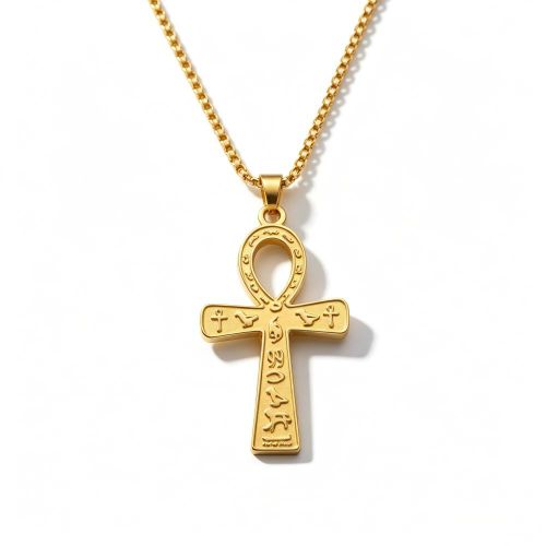 Gold Ankh Cross Pendant Necklace, Stainless Steel Egyptian Hieroglyphic Symbol Chain for Men Women African Jewelry Gift