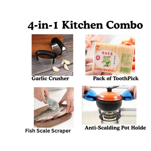 4-in-1 Kitchen Combo Set – Garlic Crusher + Fish Scale Scraper + Anti-Scalding Pot Holder + Free Toothpick Pack
