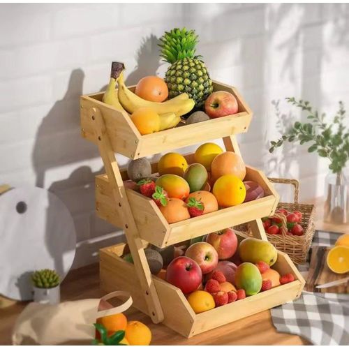 3-Tier Wooden Fruit Basket Stand – Multi-Layer Kitchen Countertop Fruit & Vegetable Storage Rack Organizer