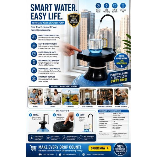 Automatic Water Dispenser Pump – Smart Touch, USB Rechargeable, Food-Grade Material, Universal Fit for 2–5 Gallon Bottles