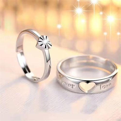 Silver Couple Rings Set Love Forever Heart Design Adjustable Size Promise Rings for Lovers Wedding Engagement Gift