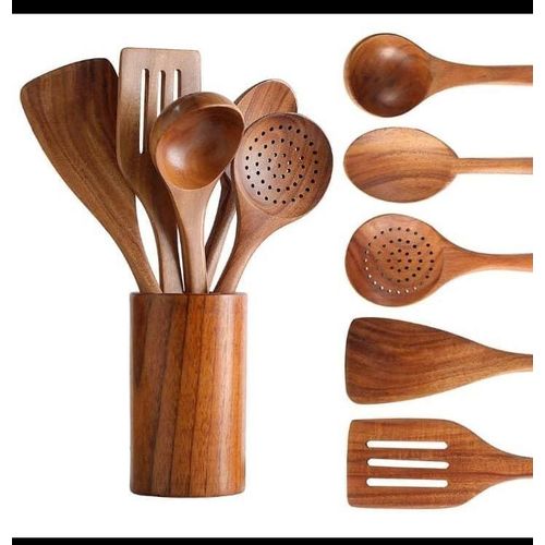 Six Piece Natural Teak Wooden Kitchen Utensil Set with Holder