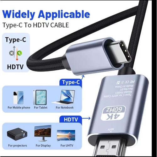 Type-C to HDMI Adapter Cable, 4K60Hz Projection Connection Cable - Type-C to HDTV Video Transmission Connection Adapter, Suitable for Phones, Laptops, Displays And Other Devices - Plug And Play, No Driver Needed
