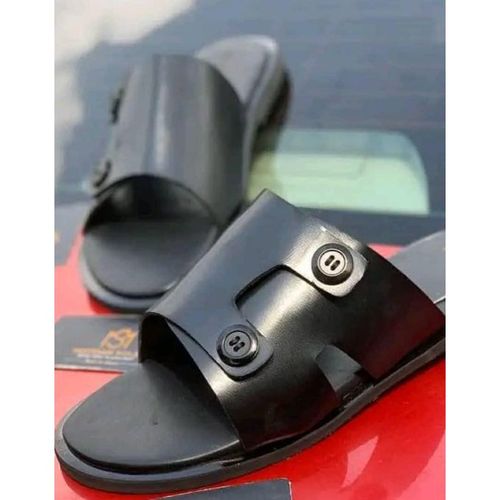 Male Leather Smart Cover Slippers - Black