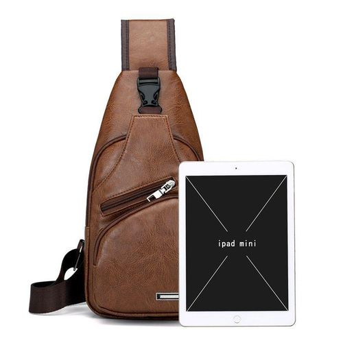 Mens PU Leather Chest Bag Waterproof USB Charging Port Earphone Hole Handbag Black