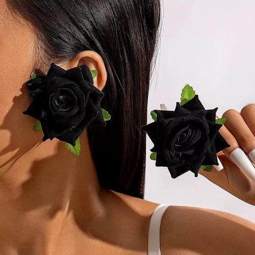 1 Pair of Elegant Velvet Black Rose Flower Stud Earrings