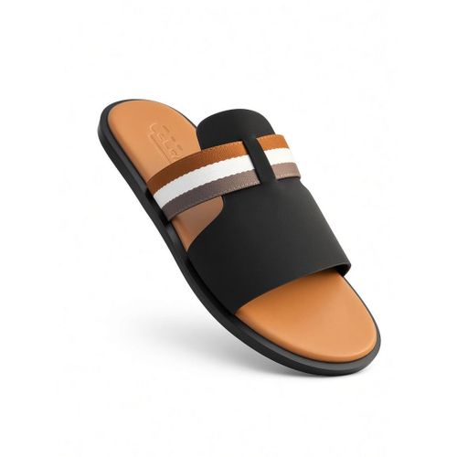 Fabian Men's Genuine Leather Cut-Out Wide-Band Slides Casual Slippers With Striped Accent - Black/Tan