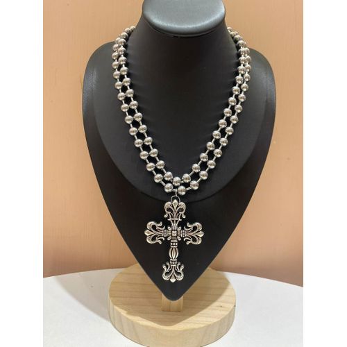 Double-Layer Silver-Tone Ball Chain Necklace with Large Baroque Fleur-de-Lis Cross Pendant - UNISEX