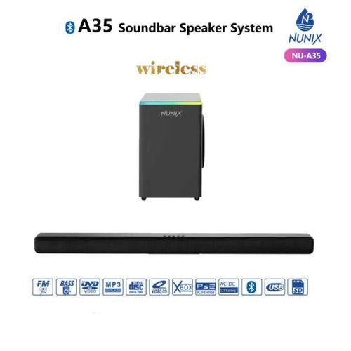 NUNIX NU-A35 Wireless Soundbar Speaker System – 2.1 Channel High-Fidelity Audio with Deep Bass, Bluetooth, FM Radio, USB & SD Card Support