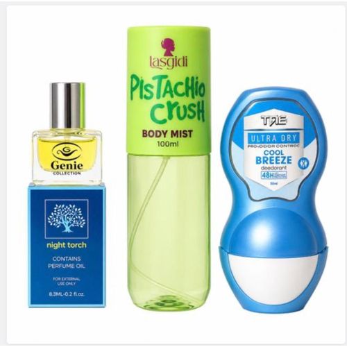 Lasgidi Pistachio Crush Body Mist 100ml,fresh mint ultra tag roll on 50ml & genie oil perfume NAFDAC NO:A2-107281