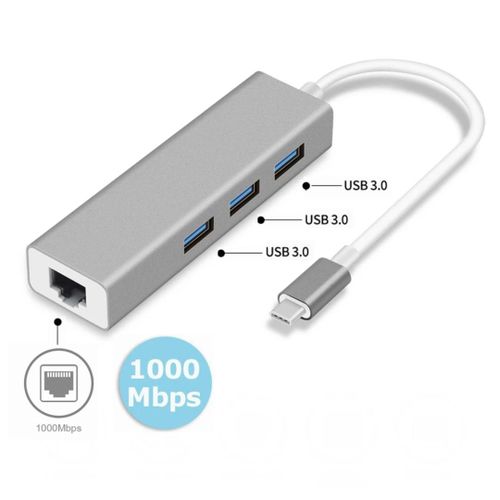 Multi-Port Adapter Type C to 1000Mbps Ethernet High Speed USB 3.0 3-Port USB Hub for Laptops