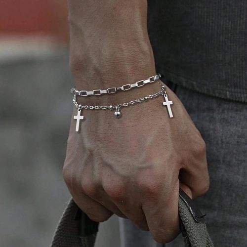 Men Vintage Double-Layer Cross Alloy Bracelet
