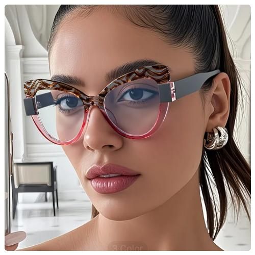 Transparent Red Brown Floral Frame Grey Temples Cat Eye Anti-blue Light Optical Eyeglasses