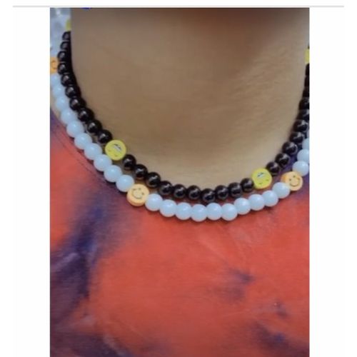Two Beaded Smiley Necklace Black And White