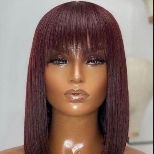 Blended Hair Wig Bob With Fringe For Ladies Deep Wine
