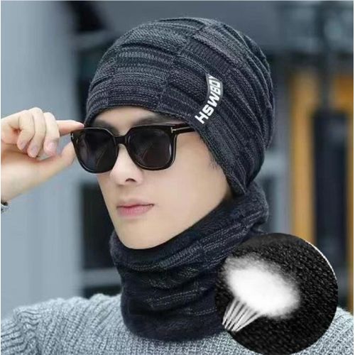Neck Warmer Knitted Hat Scarf Set Fur Wool Lining Thick Warm Knit Beanies Winter Hat for Men Women Cap