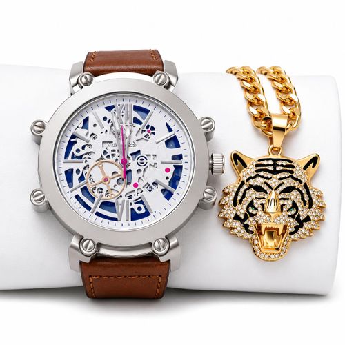 men's wrist watch with linked cuban chain and iced tiger head pendant