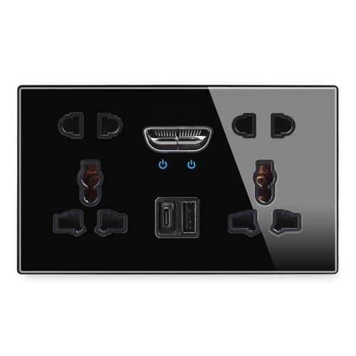 Dual Universal Smart Touch Wall Socket with USB-A & Type-C Charging Ports (Black Tempered Glass Panel)