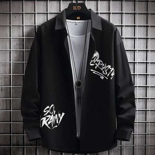 Men's Long-Sleeve Printed Casual Shirt Jacket - Black