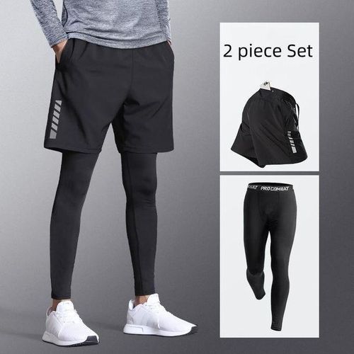 Men's Quick Dry 2-in-1 Running Pants Gym Sportswear - Black