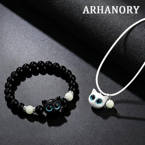 2pcs Minimalist Cute Cat Jewelry Set Glow in Dark Necklace Bracelet Suitable Couples Besties