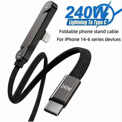 240W USB Type-C to Lightening Fast Charging Cable – 90-Degree Elbow Braided Data Cord with Built-in Folding Phone Stand Bracket for iPhone X, 11,12,13,14