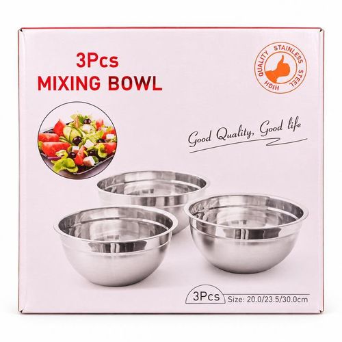 3-Piece Stainless Steel Mixing Bowl Set, 20/23.5/30 cm Kitchen Prep Bowls