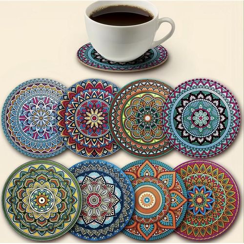 Mandala Print Coasters Set, Non-Slip Round Drink Mats, Bohemian Style, Heat Resistant for Coffee & Tea Cups