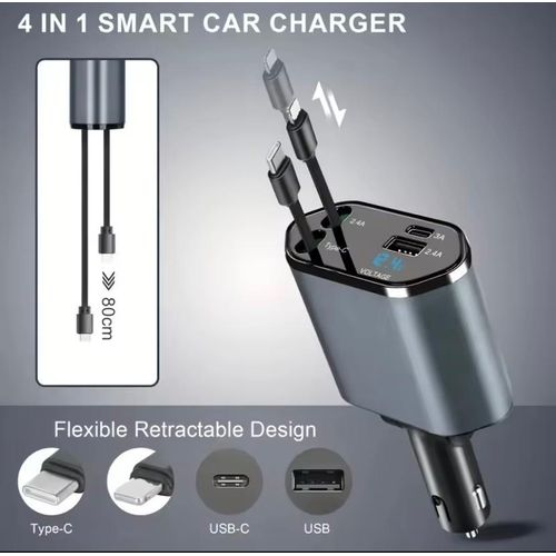 Car Charger with Retractable Cables, Built-In USB Ports, Supports Smart Fast Charging, Rotatable Base, Charges Up to 4 Devices