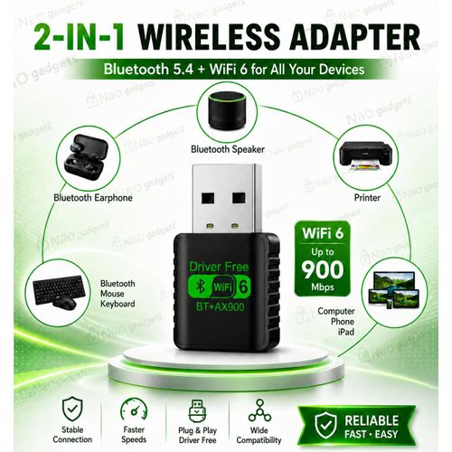 2 In 1 WiFi 6 and Bluetooth Wireless Adapter USB Dongle